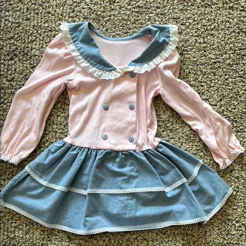 Vintage Pink and Blue Long Sleeve Dress with Ruffle Collar